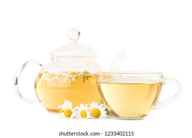 Cup Of Tea With Chamomile Flowers On White Background