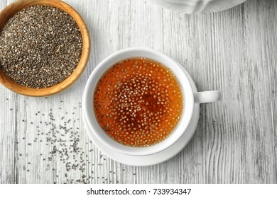 Cup Of Tea With Chia Seeds On Table