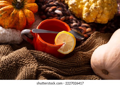 cup of tea and decorative pumpkins