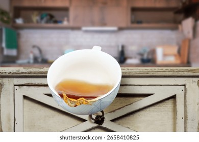 A cup with tea is falling down from table in the kitchen