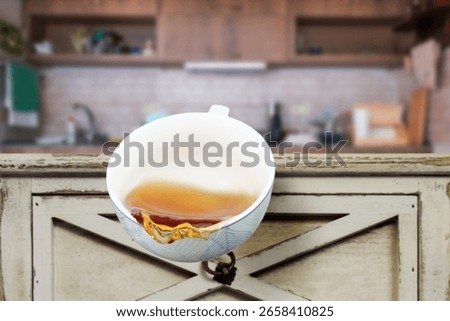 A cup with tea is falling down from table in the kitchen