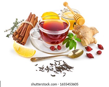 Cup tea with ginger cinnamon mint and lemon. Drink of cold traditional medicine. Isolated on white background. - Powered by Shutterstock