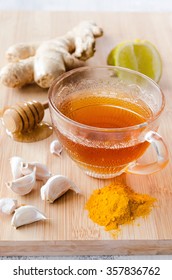 Cup Of Tea With Ginger, Lemon, Honey, Garlic, Tumeric For Spicy Detox Drink