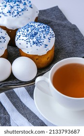 Cup Of Tea. Happy Day Bright Easter. Orthodox Easter Holiday. Traditional Food. Creative Stylish Trend Homemade Easter Cake. Selective Focus