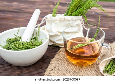 cup of tea from horsetail, made from fresh potion, from pharmacy mortar. Horsetail infusions are used as anti-inflammatory for inflammatory processes