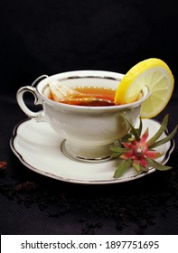 A cup of tea with lemon