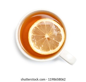 Cup Of Tea With Lemon On White Background, Top View