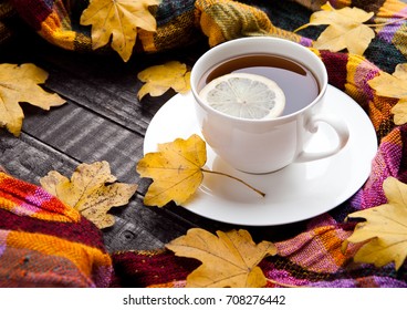 Cup of tea with lemon with scarf and autumn leaves on wooden background