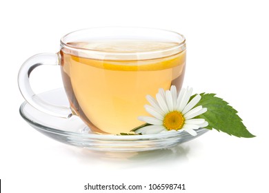 Cup of tea with lemon slice, mint leaves and chamomile flower. Isolated on white background