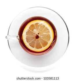 Cup Of Tea With Lemon Slice. View From Above. Isolated On White Background