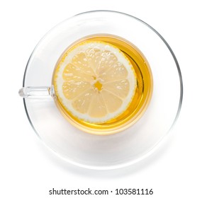 Cup Of Tea With Lemon Slice. View From Above. Isolated On White Background