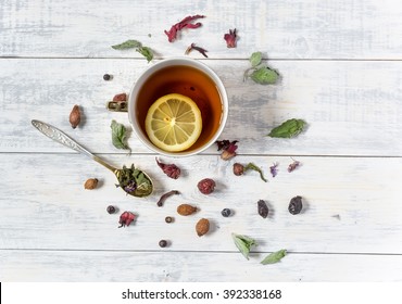 Cup Of Tea With Lemon Top View