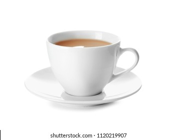 Cup of tea with milk on white background