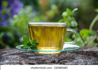 Cup of tea with mint, close-up, selective focus