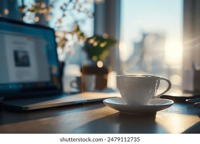 A cup of tea next to a laptop on a table in office. - Powered by Shutterstock