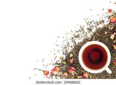 Cup Of Tea On Background Dry Rosebuds. View From Above.