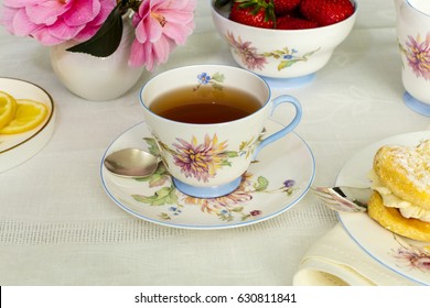 Cup Of Tea Served In A Vintage Fine China Tea Cup.