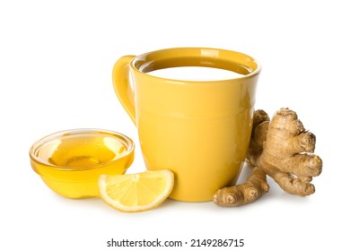 Cup Of Tea For Sore Throat, Ginger, Lemon Slice And Honey On White Background