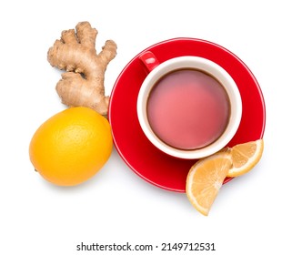 Cup Of Tea For Sore Throat, Ginger And Lemon On White Background