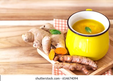  cup of Turmeric Tea with lemon and ginger , Benefits for reduce Inflammation , Liver Detox and Cleanser healthy herb drink concept