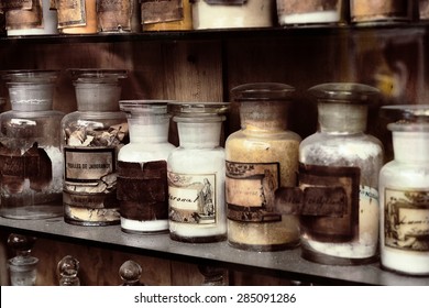 Cupboard with drugs in the old pharmacy - Shutterstock ID 285091286