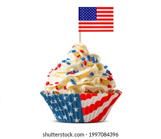 Cupcake. American Flag. US Holidays. Cake on 4th of July, Independence, Presidents Day. Tasty cupcakes with white cream icing and colored stars sprinkles. USA patriotism. Sweet dessert.