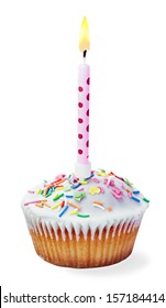 Cupcake With A Birthday Candle Isolated On A White Background