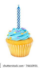 A Cupcake With A Birthday Candle Isolated On A White Background