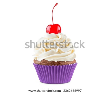 Cupcake. Birthday cupcake with cherry on top. Happy Birthday. Tasty baking cupcakes, cake or muffin with white cream icing, frosting. Bakery, confectionery. Purple cup liners. Isolated background