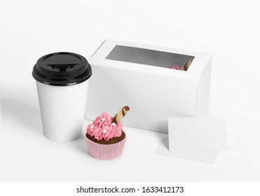 Cupcake box paper coffee cup and business card on isolated background
