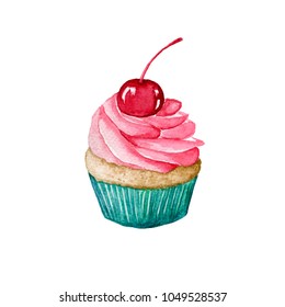 Cupcake with a cherry watercolor illustration isolated on a white background