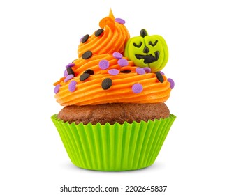 Cupcake On Halloween. Pumpkin Jack O Lantern. Dessert On Halloween Party. Muffin Decorated With Colored Sprinkles, Frosting And Icing Shaped Pumpkin Jack-o-lantern. Cupcakes. White Isolated Background