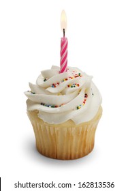 Cupcake With Pink Candle Isolated On White Background.