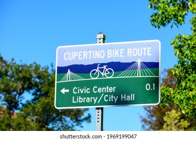 Cupertino Bike Route Traffic Sign. The Custom Sign Shows Direction To Civic Center, Library And City Hall - Cupertino, California, USA - 2021