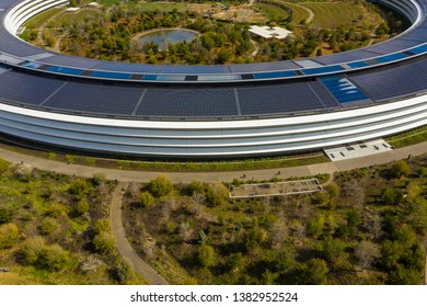 CUPERTINO, CA, USA - MARCH 15, 2019: Aerial Photo Apple Park Spaceship Corporate Headquarters California