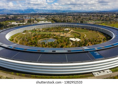 CUPERTINO, CA, USA - MARCH 15, 2019: Aerial Photo Apple Park Spaceship Corporate Headquarters California