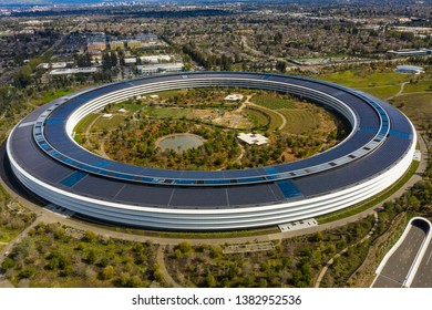 CUPERTINO, CA, USA - MARCH 15, 2019: Aerial Photo Apple Park Spaceship Corporate Headquarters California