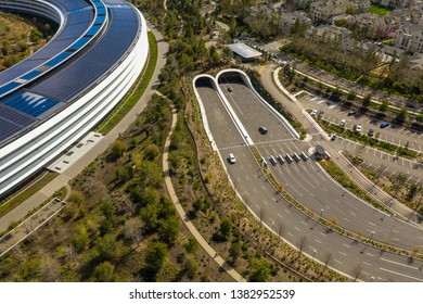 CUPERTINO, CA, USA - MARCH 15, 2019: Aerial Photo Apple Park Spaceship Corporate Headquarters California