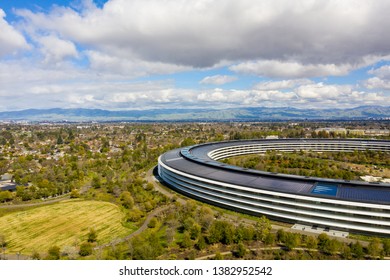 CUPERTINO, CA, USA - MARCH 15, 2019: Aerial Photo Apple Park Spaceship Corporate Headquarters California