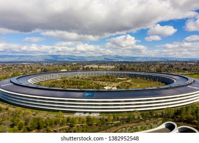 CUPERTINO, CA, USA - MARCH 15, 2019: Aerial Photo Apple Park Spaceship Corporate Headquarters California