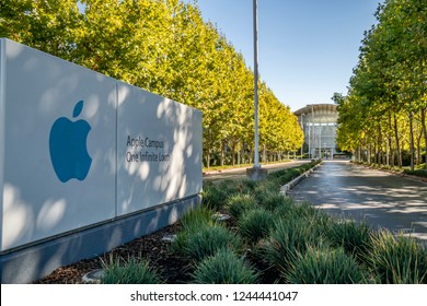 Cupertino, CA / USA - OCTOBER 16, 2018: Facade Of The One  Infinite Loop, The Apple Campus Was The Corporate Headquarters Of Apple Inc. From 1993 Until 2017.