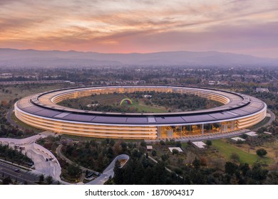 CUPERTINO, CALIFORNIA, USA - DECEMBER 9, 2020: Apple Park from Above During Sunset