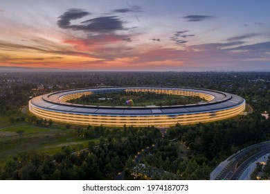 CUPERTINO, CALIFORNIA, USA - MAY 15, 2021: Silicon Valley Landmark from Above During Sunset