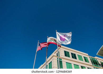 Cupertino, USA - September 10, 2018: Flags At Apple Company Campus In Silicone Valley, Infinity Loop One