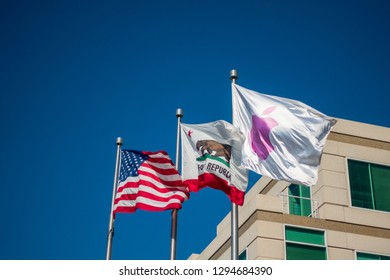 Cupertino, USA - September 10, 2018: Flags At Apple Company Campus In Silicone Valley, Infinity Loop One