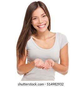 Cupped Hands Cupping Concept. Smiling Asian Woman Studio Portrait Isolated On White Background Showing Something On The Palms Of Her Open Two Hands Holding For Object Copy Space.