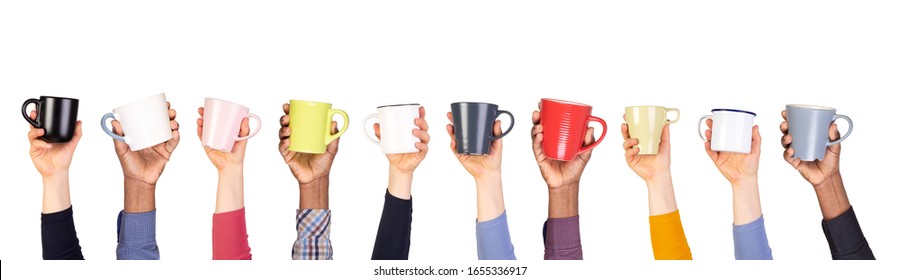 Cups of coffee or tea in hands isolated on white background	
