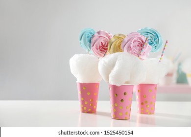 Cups With Cotton Candy Dessert On Table, Space For Text