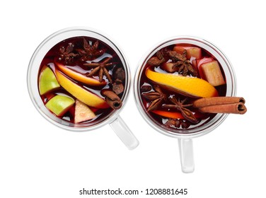 Cups With Red Mulled Wine On White Background, Top View