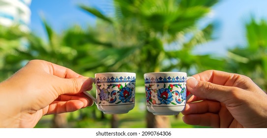 Cups With Turkish Coffee In Hands. Selective Focus. Drink.